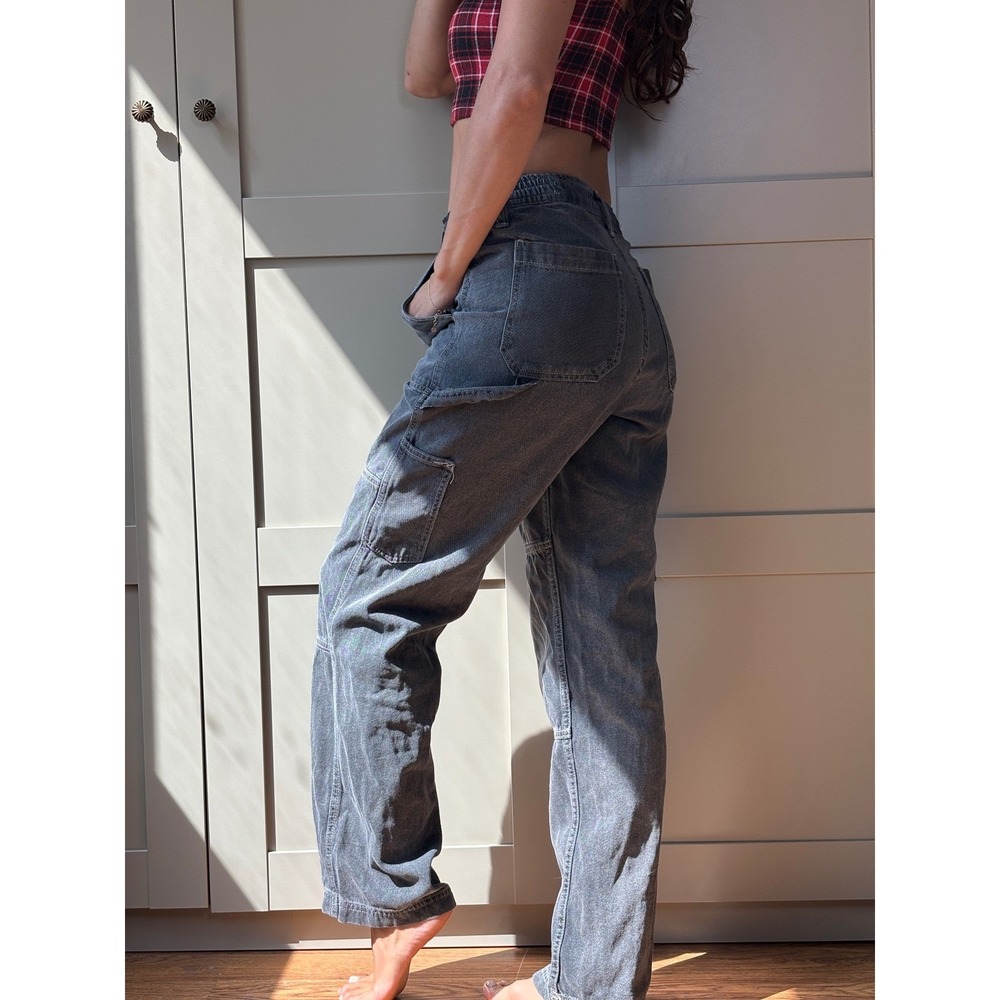 BDG Womens High Waisted Carpenter Pants Washed Grey Denim Utility Straight Leg